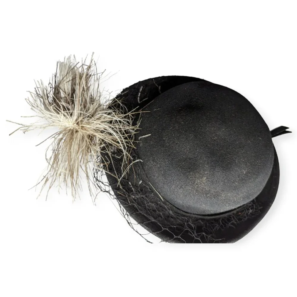 Vintage Merrimac 100% Black Wool Hat with Feathers and Jeweled Accent - Picture 7 of 10